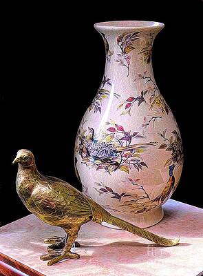 Golden Bird and Bird Covered Vase Abstract Melting Effect by Rose Santuci-Sofranko Golden Bird and Bird Covered Vase Abstract Melting Effect by Rose Santuci-Sofranko