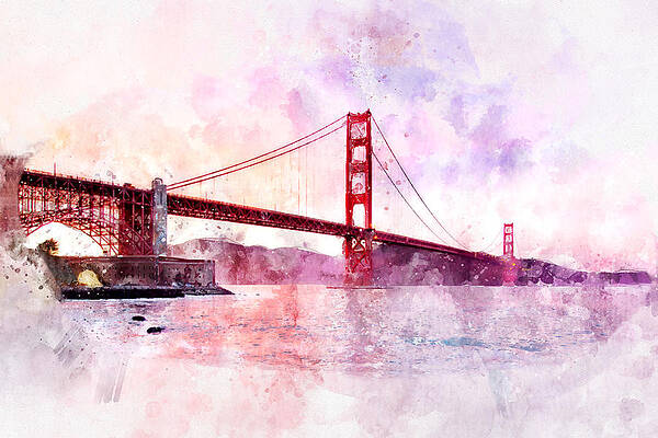 Wall Art - Painting - Golden Gate Bridge watercolor in San Francisco during sunset by SP JE Art