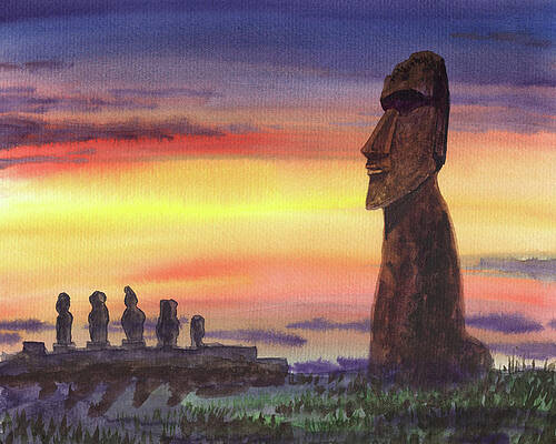 print Moai statues on Easter Island Fine art watercolor painting Moais Chile 