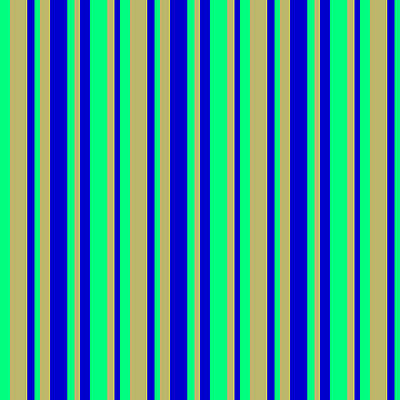 [ Thumbnail: Green, Dark Khaki, and Blue Colored Lined/Striped Pattern Art Print ]