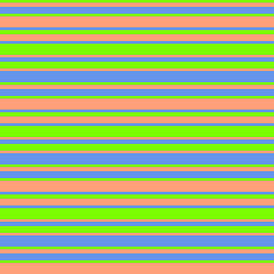 [ Thumbnail: Green, Light Salmon, and Cornflower Blue Colored Stripes/Lines Pattern Art Print ]