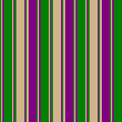 [ Thumbnail: Green, Tan, and Purple Colored Striped Pattern Metal Print ]