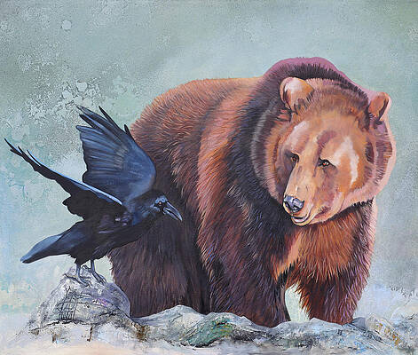Wall Art - Painting - Grizzly and the Raven by J W Baker