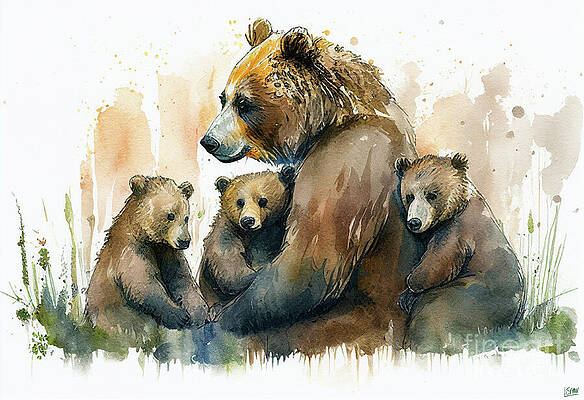 Mama Bear and Three Cubs Mural Wallpaper