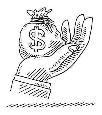 Wall Art - Drawing - Hand Holding Money Bag Dollar Sign Drawing by Frank Ramspott