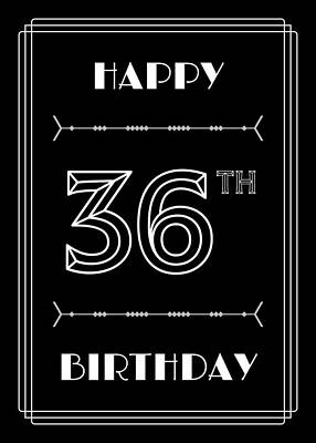 [ Thumbnail: HAPPY 36TH BIRTHDAY - Art Deco Inspired Look, Geometric Number Framed Print ]