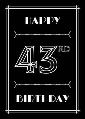 [ Thumbnail: HAPPY 43RD BIRTHDAY - Art Deco Inspired Look, Geometric Number Sticker ]