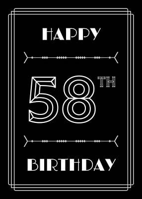 [ Thumbnail: HAPPY 58TH BIRTHDAY - Art Deco Inspired Look, Geometric Number Framed Print ]