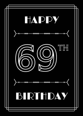 [ Thumbnail: HAPPY 69TH BIRTHDAY - Art Deco Inspired Look, Geometric Number Acrylic Print ]