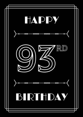 [ Thumbnail: HAPPY 93RD BIRTHDAY - Art Deco Inspired Look, Geometric Number Metal Print ]