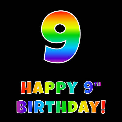 [ Thumbnail: Happy 9th Birthday - Multicolored Rainbow Spectrum Gradient Adult T-Shirt ]