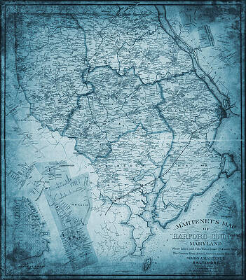 Wall Art - Drawing - Harford County Maryland Vintage Historical Map 1878 Blue by Carol Japp