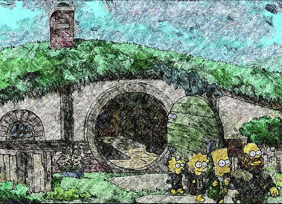 prompthunt: landscape painting of bag end hobbit hole, round door, tolkein,  lord of the rings, painting by bob ross