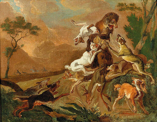 Hounds attacking a bear Print by Abraham Hondius