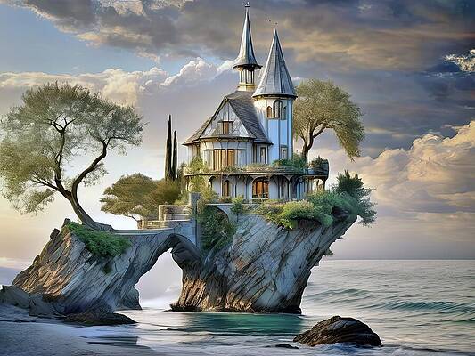 Wall Art - Digital Art - House With A Tower On A Rock In The Sea by Eris And AI