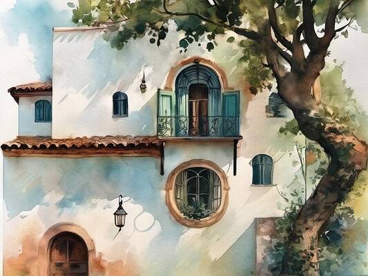 Wall Art - Digital Art - House With Round Window and 3rd Floor Balcony by Eris And AI