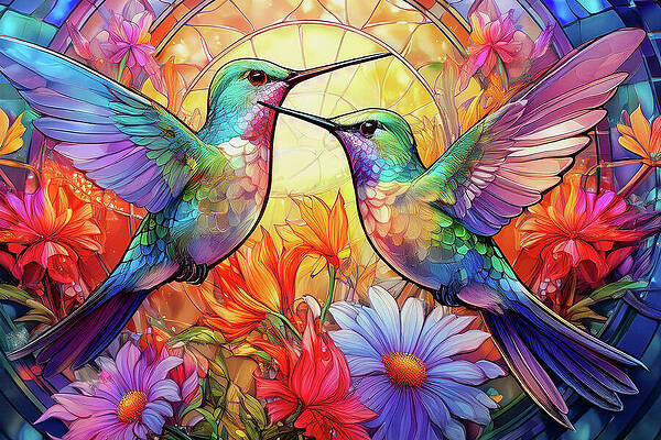 Wall Art - Digital Art - Hummingbirds in a Stained Glass Garden by Lynn Bauer