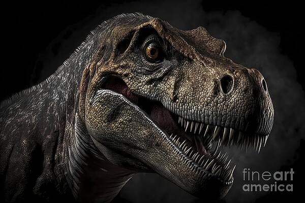 Wall Art - Digital Art - Intense Gaze, Hyper-Realistic T-Rex Portrait on a Black Background by Jeff Creation