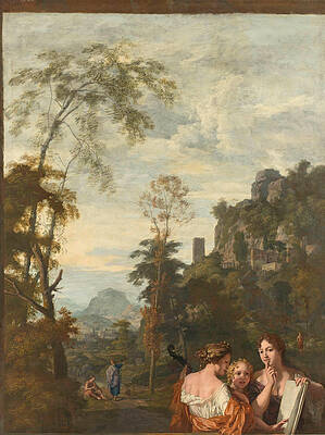 Italian landscape with three women making music Print by Gerard de Lairesse and Johannes Glauber