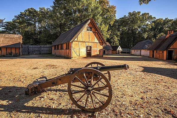 Wall Art featuring the photograph James Fort Cannon And Church - Oil Painting Style by Rachel Morrison