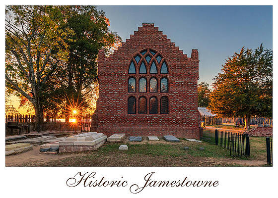 Wall Art featuring the photograph Jamestowne Memorial Church Sunset - Postcard Design by Rachel Morrison