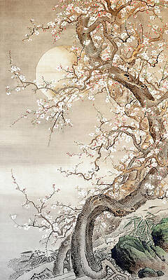Wall Art - Painting - Japanese Plum Blossoms in Moonlight Colorized by Bob Pardue