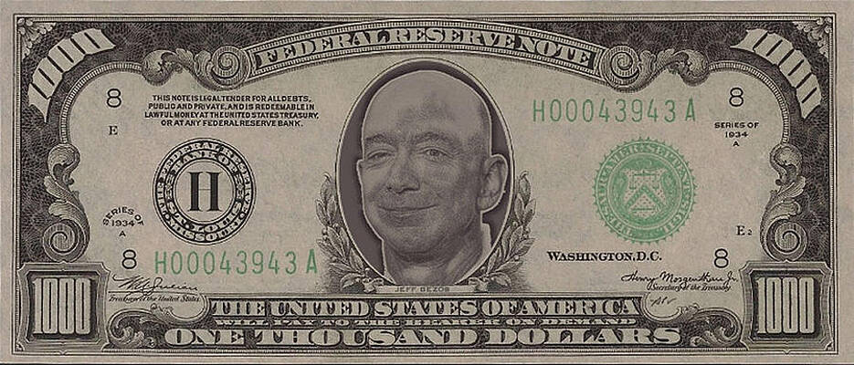 Wall Art - Digital Art - $1000 Jeff Bezos Note #1000 by Antonios Valamontes