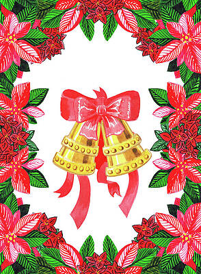 Jingle Bells Christmas Art Watercolor Poinsettia With Red Bow by Irina Sztukowski Jingle Bells Christmas Art Watercolor Poinsettia With Red Bow by Irina Sztukowski