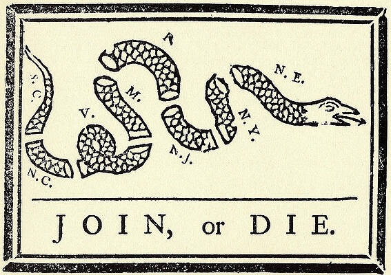 Wall Art - Painting - Join or Die, Pennsylvania Gazette, Benjamin Franklin, political cartoon by American History