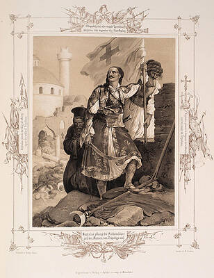 Kephalas Plants The Flag Of Liberty Upon The Walls Of Tripolizza Print by J B Kuhn after Peter von Hess