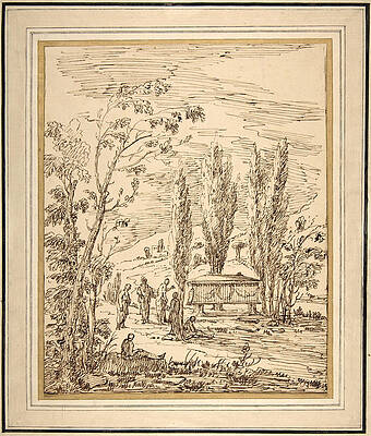 Landscape with Figures near a Tomb Print by Giovanni Antonio Burrini