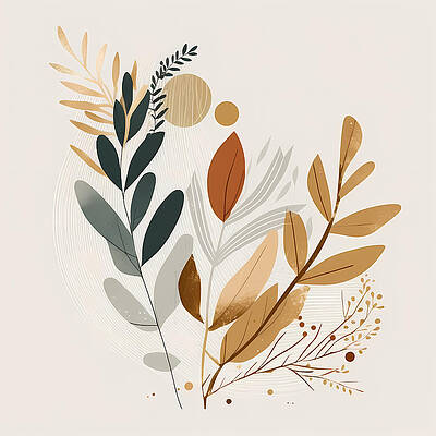  Digital Art - Leafs and round Shapes in minimalist Boho style by Dave Bakker