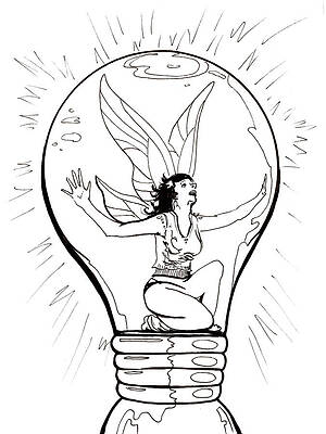 Wall Art - Drawing - Light Bulb Fairy line drawing by Katherine Nutt