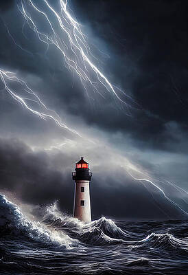 Wall Art - Digital Art - Lighthouse 08 Waves and Thunderstorm by Matthias Hauser