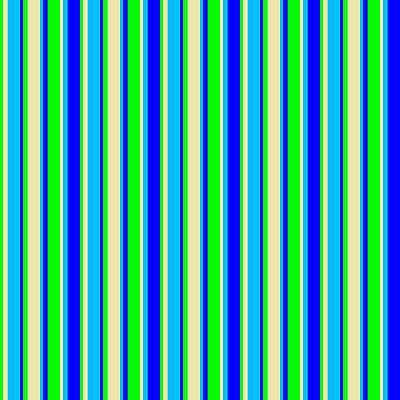 [ Thumbnail: Lime, Pale Goldenrod, Deep Sky Blue, and Blue Colored Stripes Pattern Poster ]