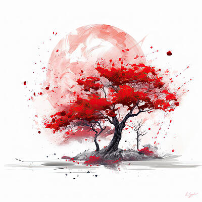 Wall Art - Painting - Lone Red Autumn Tree with Splashes of Vibrant Red Against a White Background and Red Moon by Lourry Legarde