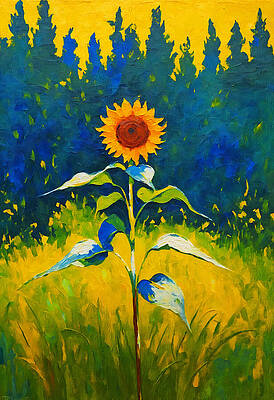 Wall Art - Digital Art - Lone sunflower in a grassfield with trees in the background - impressionist painting by Nicko Prints