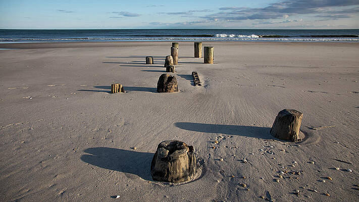 Long Shadows and footprints on a winter beach by Steve Gravano Long Shadows and footprints on a winter beach by Steve Gravano