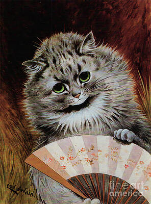 Louis Wain Cat Print Art - Lady Cat with a Fan - Vintage Print by Kithara Studio Louis Wain Cat Print Art - Lady Cat with a Fan - Vintage Print by Kithara Studio