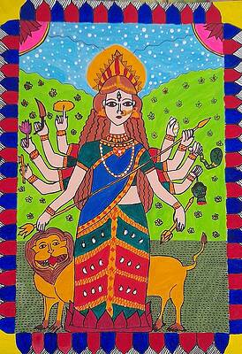 Madhubani Mithila Gemälde Hindu Göttin Durga groß 30 x 22 Zoll Rückspiegel 