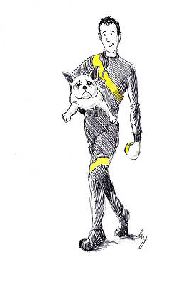Man carrying french bulldog cartoon by Mike Jory Man carrying french bulldog cartoon by Mike Jory