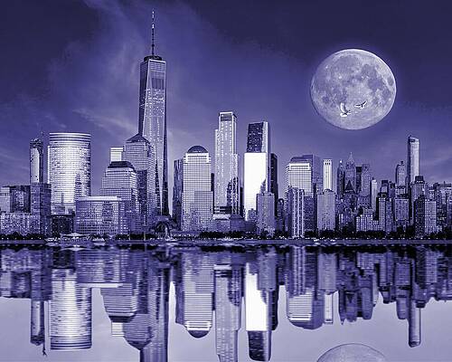 Wall Art - Mixed Media - Manhattan in Blue Infrared Reflection of NYC Skyline with Full Moon by Bob Pardue