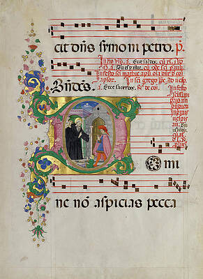 Wall Art - Painting - Manuscript Leaf with Saint Benedict Resuscitating a Boy in an Initial D, from an Antiphonary. by Master of the Riccardiana Lactantius