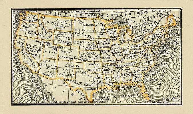 Wall Art - Drawing - Map of United States - 1887 by Dale Kincaid