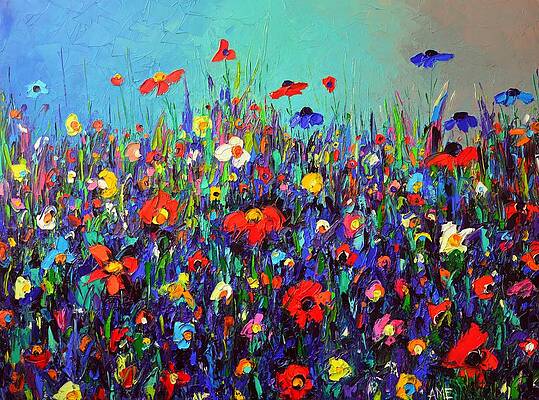 Wall Art - Painting - MEADOW OF COLORFUL WILDFLOWERS textural impasto palette knife oil painting Ana Maria Edulescu by Ana Maria Edulescu