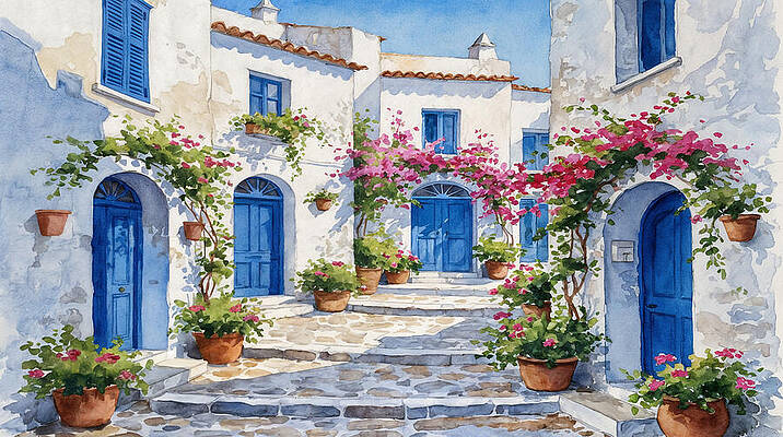 Mediterranean Village with Blue Doors Wall Art