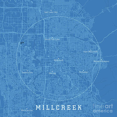 Wall Art - Digital Art - Millcreek UT City Vector Road Map Blue Text by Frank Ramspott