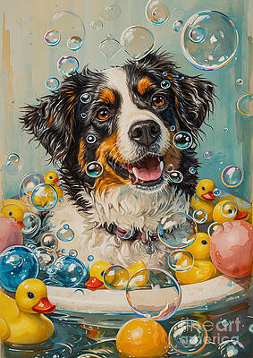  Painting - Miniature American Shepherd Dog Surrounded by Soap and Bubbles in the Bath by Adrien Efren