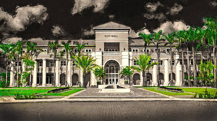 Wall Art featuring the digital art Miramar City Hall Building In Black And White With The Green Of The Vegetation Isolated by Nicko Prints