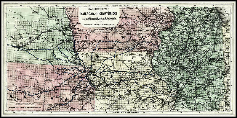 Wall Art - Drawing - Missouri River Railroad and Highway Bridge Vintage Map 1872 by Carol Japp